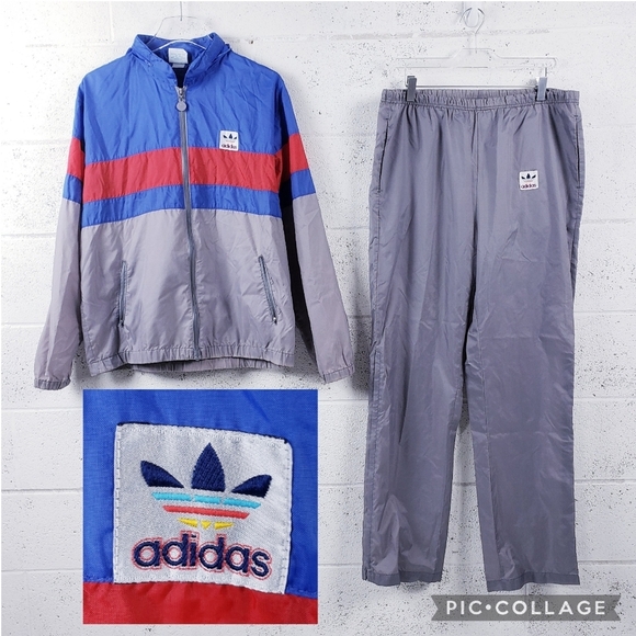 Vintage 90s Adidas Track Jacket Nylon Pants Size Medium Gray Blue Red - Picture 1 of 15